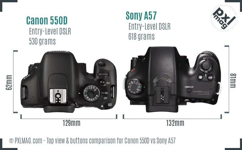 Canon 550D vs Sony A57 top view buttons comparison