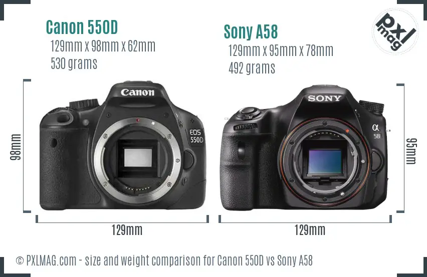 Canon 550D vs Sony A58 size comparison