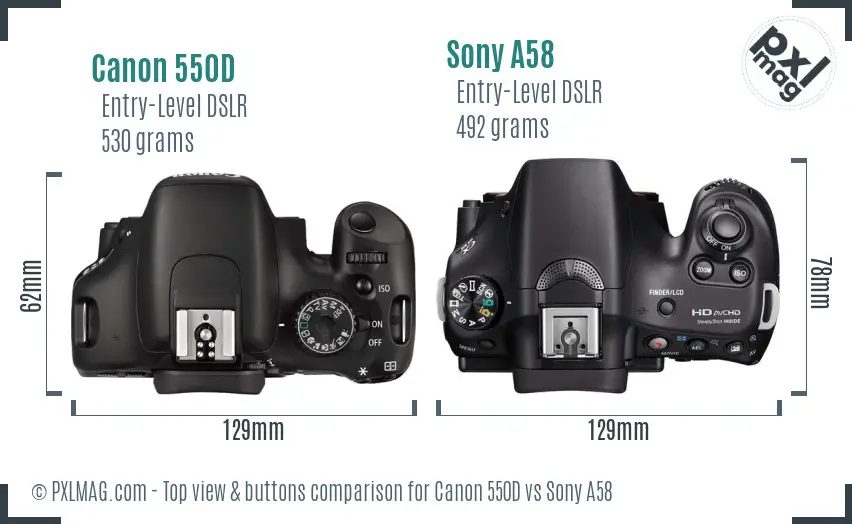 Canon 550D vs Sony A58 top view buttons comparison