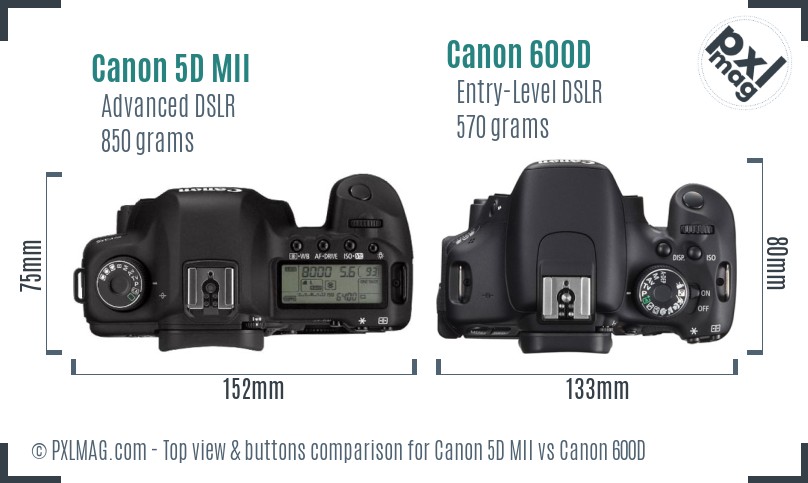 Canon 5D MII vs Canon 600D top view buttons comparison