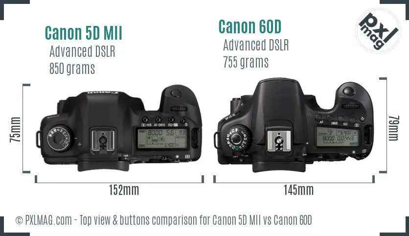 Canon 5D MII vs Canon 60D top view buttons comparison