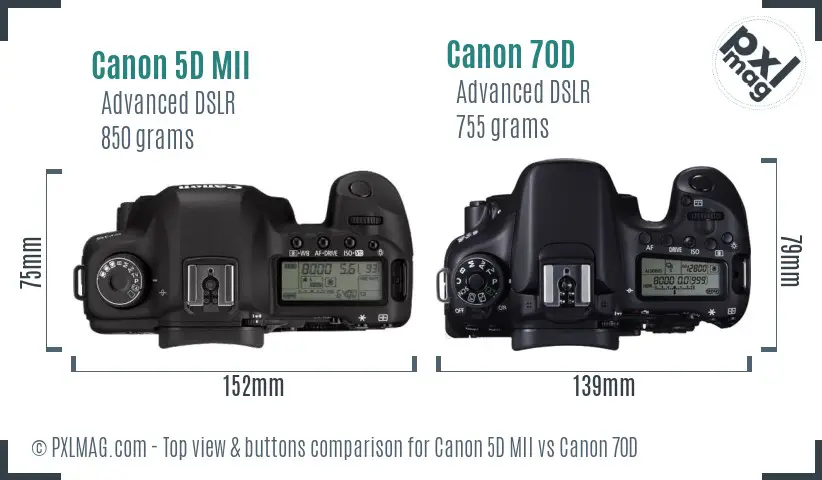 Canon 5D MII vs Canon 70D top view buttons comparison