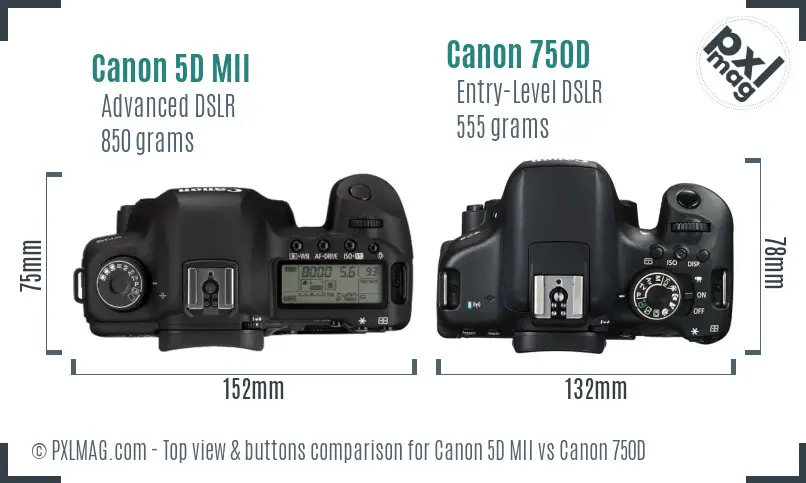 Canon 5D MII vs Canon 750D top view buttons comparison