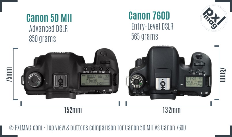 Canon 5D MII vs Canon 760D top view buttons comparison