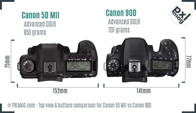 Canon 5D MII vs Canon 90D top view buttons comparison