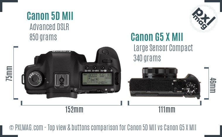 Canon 5D MII vs Canon G5 X MII top view buttons comparison