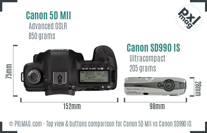Canon 5D MII vs Canon SD990 IS top view buttons comparison