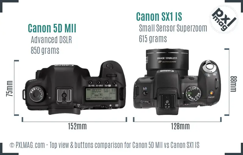 Canon 5D MII vs Canon SX1 IS top view buttons comparison Canon 5D MII vs Canon SX1 IS top view buttons comparison