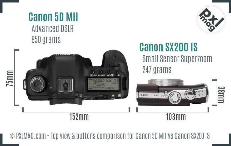 Canon 5D MII vs Canon SX200 IS top view buttons comparison