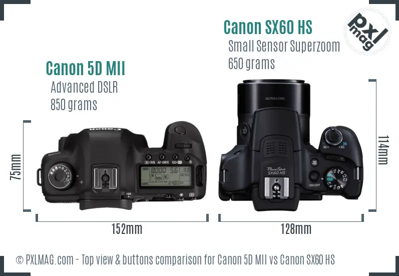 Canon 5D MII vs Canon SX60 HS top view buttons comparison