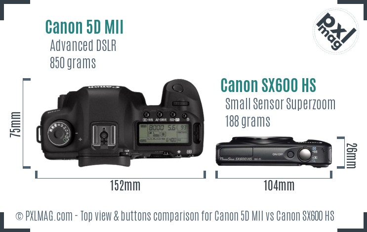 Canon 5D MII vs Canon SX600 HS top view buttons comparison