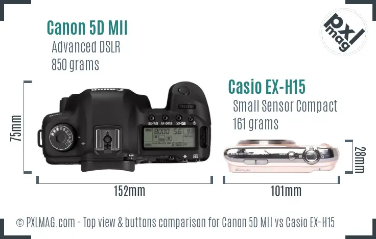 Canon 5D MII vs Casio EX-H15 top view buttons comparison