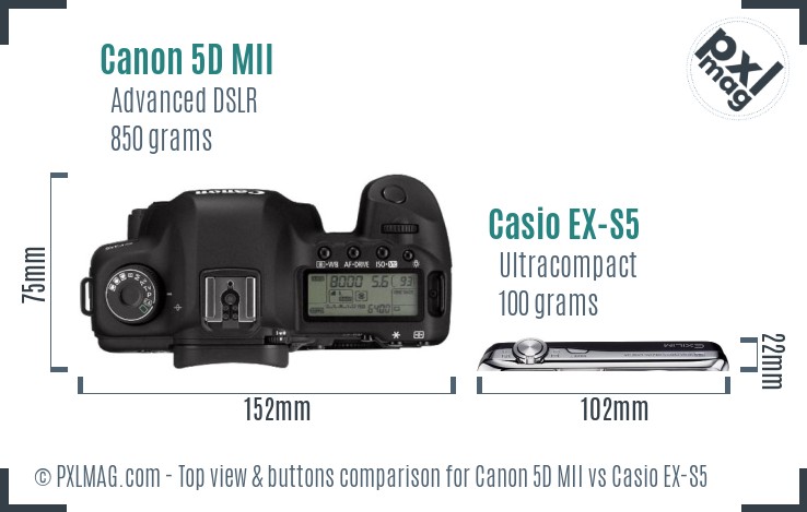 Canon 5D MII vs Casio EX-S5 top view buttons comparison