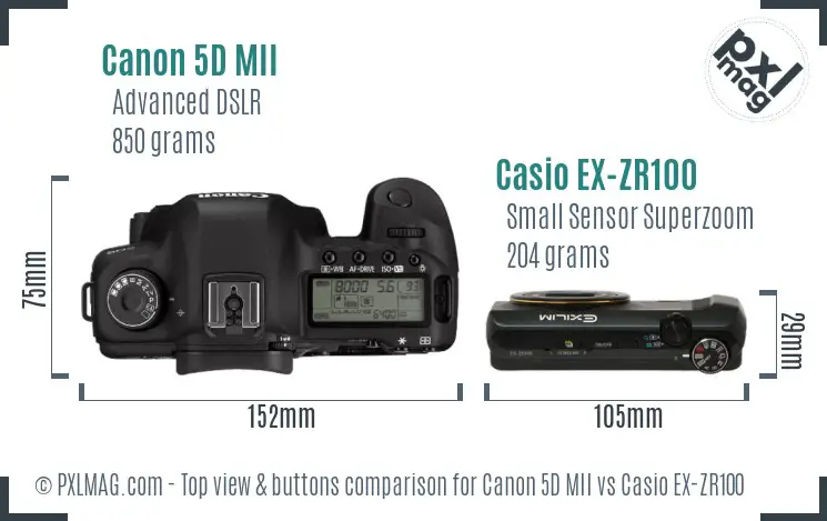 Canon 5D MII vs Casio EX-ZR100 top view buttons comparison