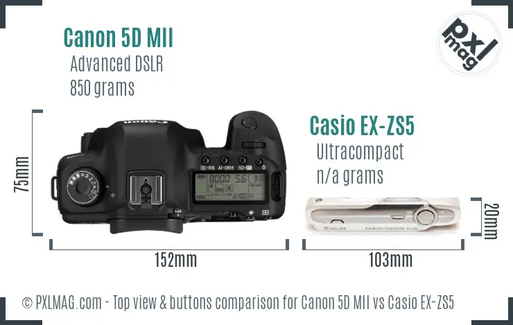 Canon 5D MII vs Casio EX-ZS5 top view buttons comparison
