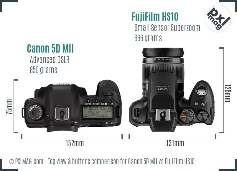 Canon 5D MII vs FujiFilm HS10 top view buttons comparison