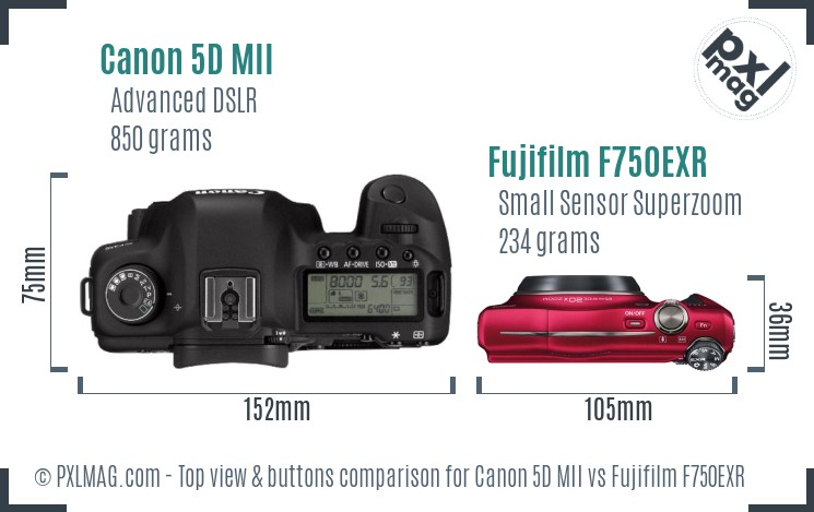 Canon 5D MII vs Fujifilm F750EXR top view buttons comparison