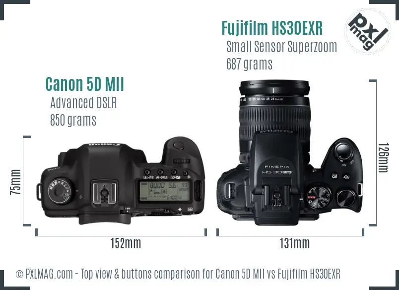 Canon 5D MII vs Fujifilm HS30EXR top view buttons comparison