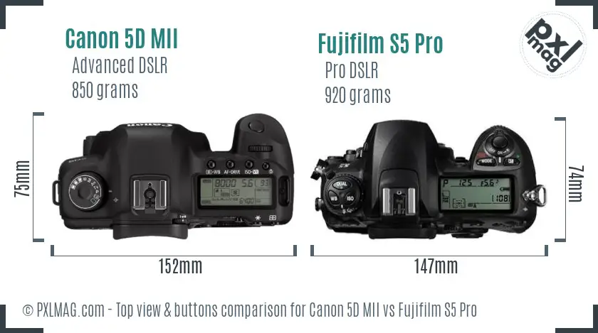 Canon 5D MII vs Fujifilm S5 Pro top view buttons comparison Canon 5D MII vs Fujifilm S5 Pro top view buttons comparison