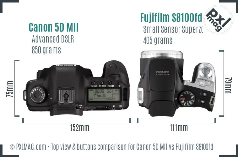 Canon 5D MII vs Fujifilm S8100fd top view buttons comparison