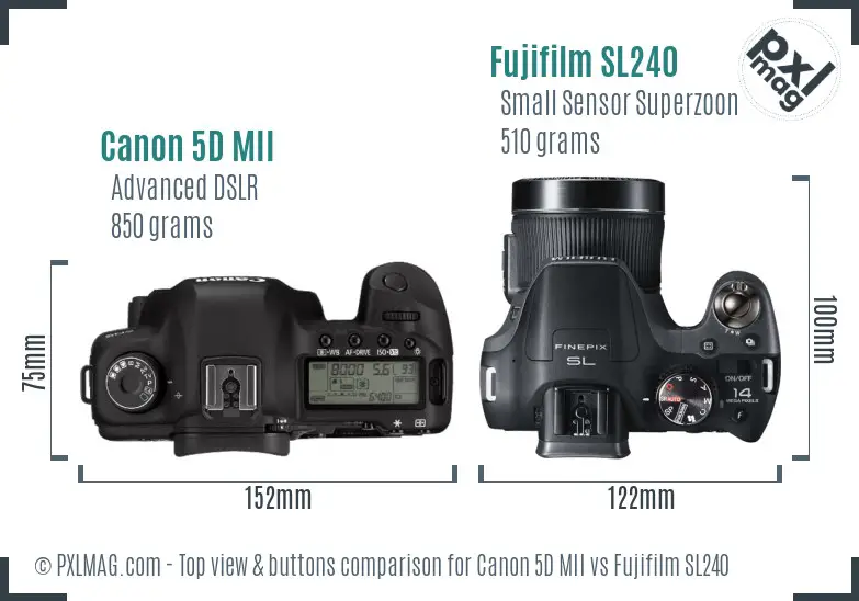 Canon 5D MII vs Fujifilm SL240 top view buttons comparison Canon 5D MII vs Fujifilm SL240 top view buttons comparison