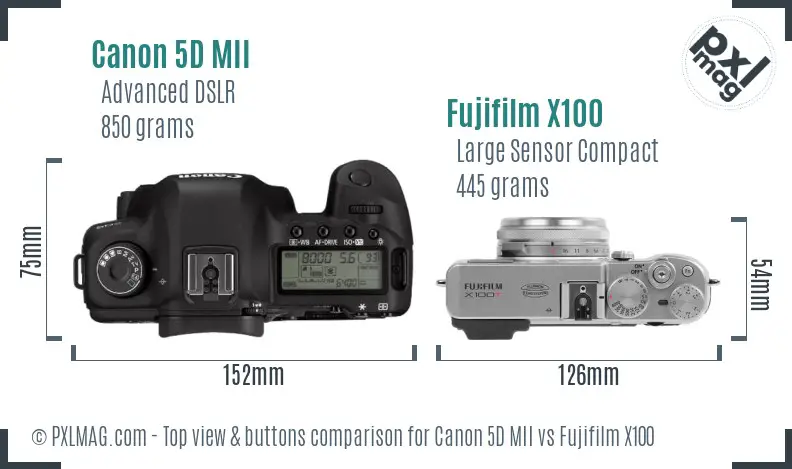Canon 5D MII vs Fujifilm X100 top view buttons comparison