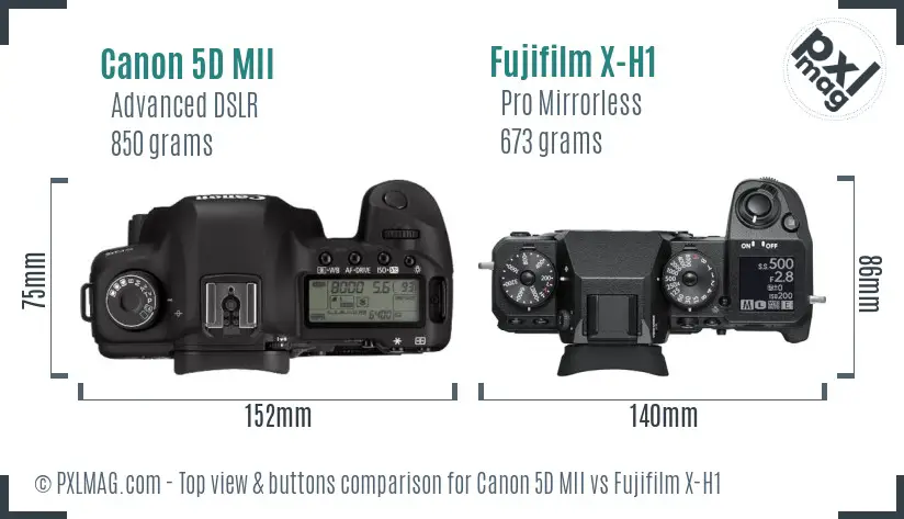 Canon 5D MII vs Fujifilm X-H1 top view buttons comparison Canon 5D MII vs Fujifilm X-H1 top view buttons comparison