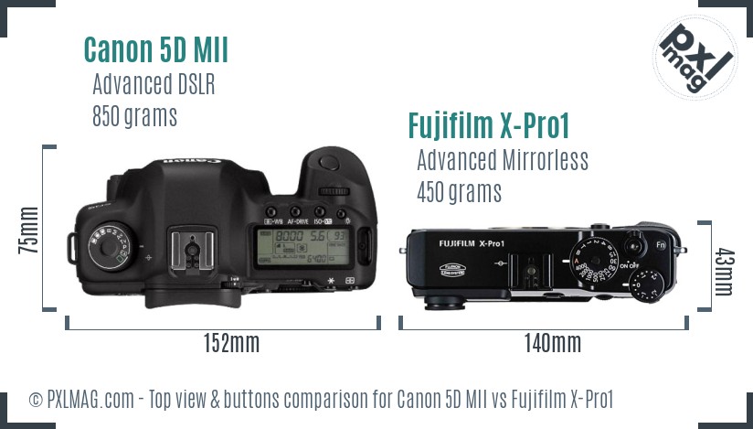 Canon 5D MII vs Fujifilm X-Pro1 top view buttons comparison