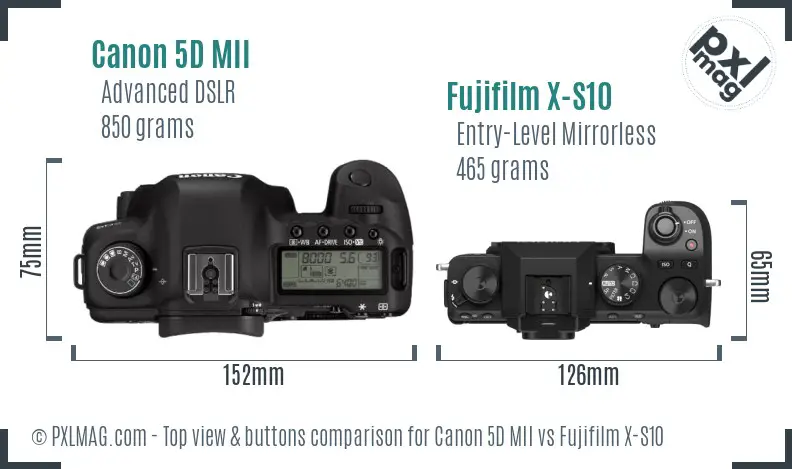 Canon 5D MII vs Fujifilm X-S10 top view buttons comparison Canon 5D MII vs Fujifilm X-S10 top view buttons comparison