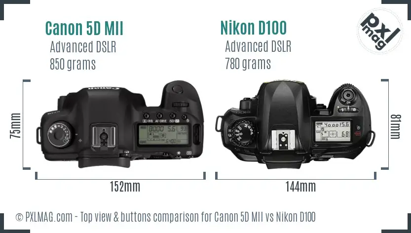 Canon 5D MII vs Nikon D100 top view buttons comparison Canon 5D MII vs Nikon D100 top view buttons comparison