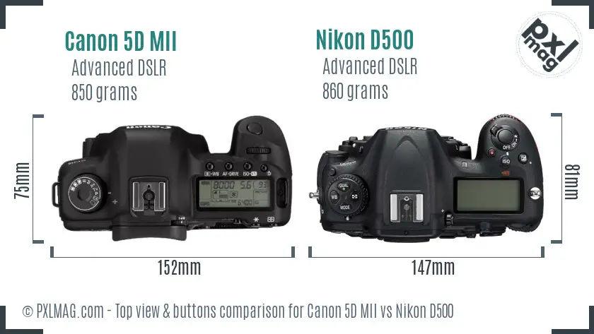 Canon 5D MII vs Nikon D500 top view buttons comparison