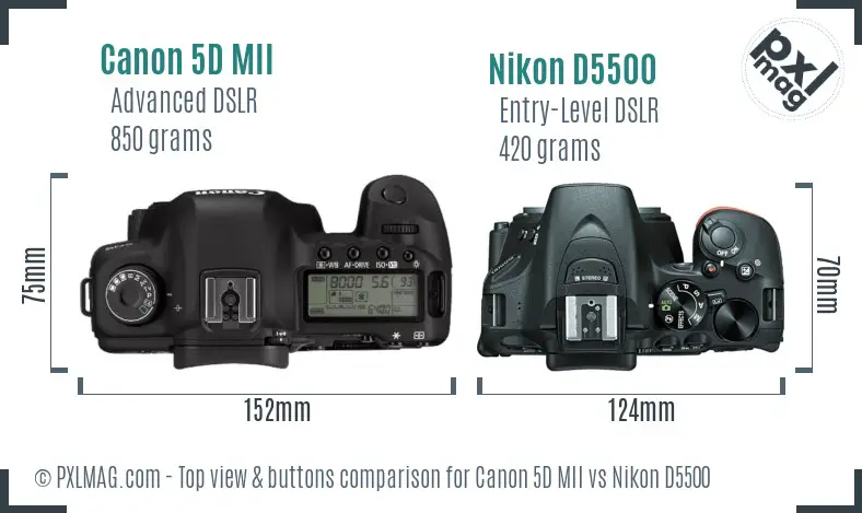 Canon 5D MII vs Nikon D5500 top view buttons comparison