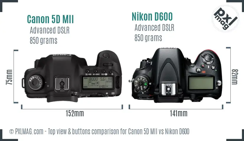 Canon 5D MII vs Nikon D600 top view buttons comparison