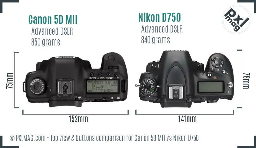 Canon 5D MII vs Nikon D750 top view buttons comparison