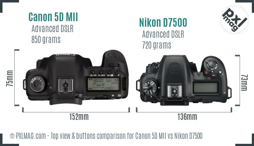 Canon 5D MII vs Nikon D7500 top view buttons comparison