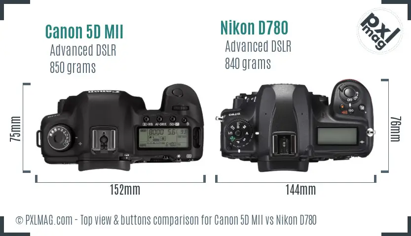 Canon 5D MII vs Nikon D780 top view buttons comparison