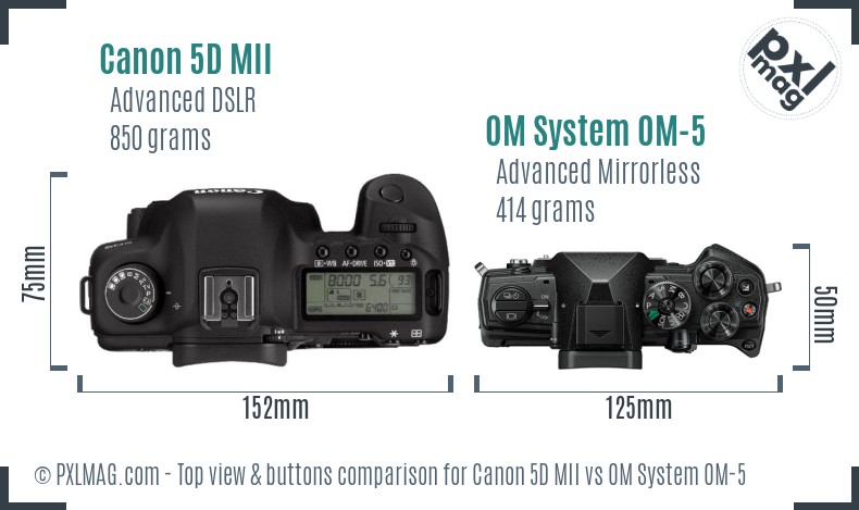 Canon 5D MII vs OM System OM-5 top view buttons comparison