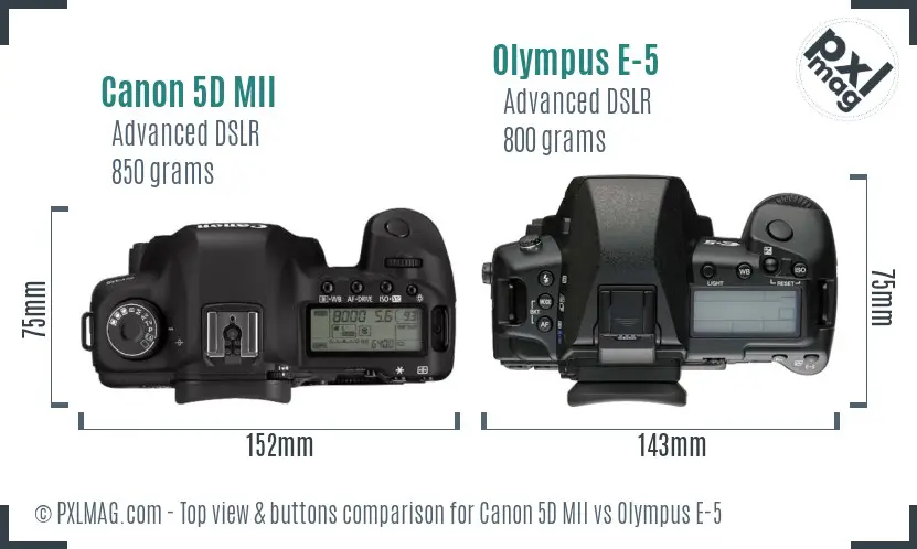 Canon 5D MII vs Olympus E-5 top view buttons comparison