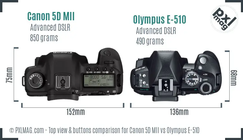 Canon 5D MII vs Olympus E-510 top view buttons comparison
