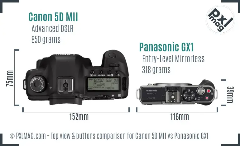 Canon 5D MII vs Panasonic GX1 top view buttons comparison Canon 5D MII vs Panasonic GX1 top view buttons comparison