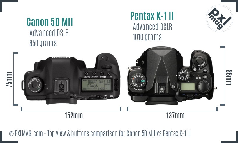 Canon 5D MII vs Pentax K-1 II top view buttons comparison