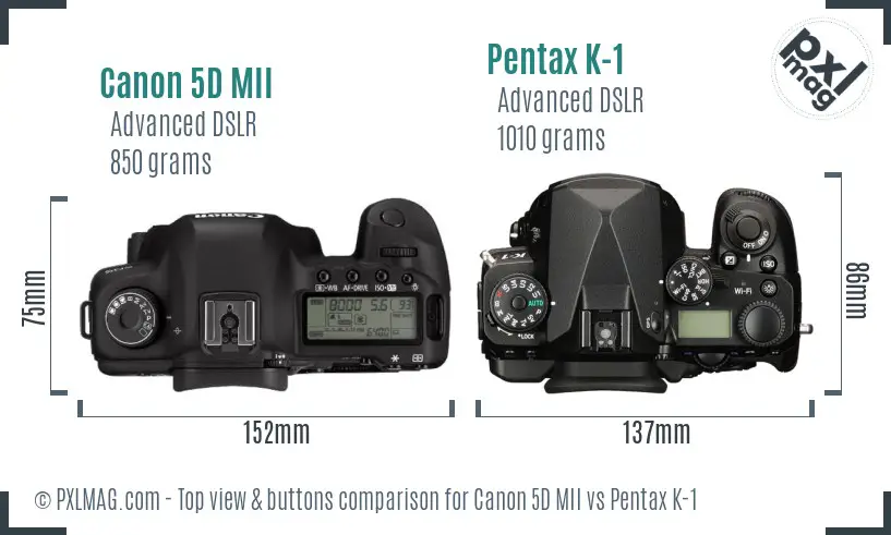 Canon 5D MII vs Pentax K-1 top view buttons comparison