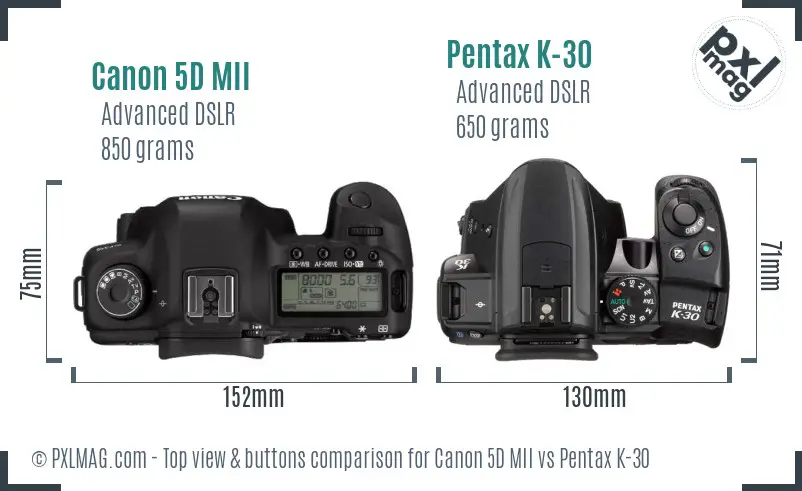 Canon 5D MII vs Pentax K-30 top view buttons comparison