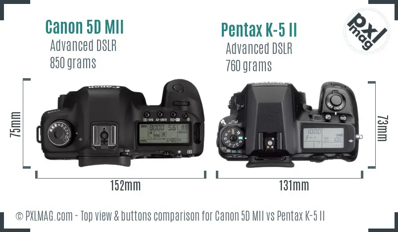 Canon 5D MII vs Pentax K-5 II top view buttons comparison
