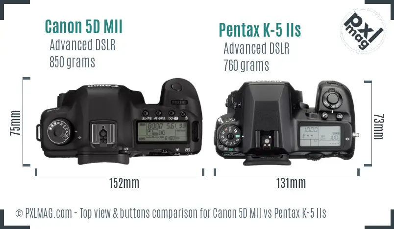 Canon 5D MII vs Pentax K-5 IIs top view buttons comparison