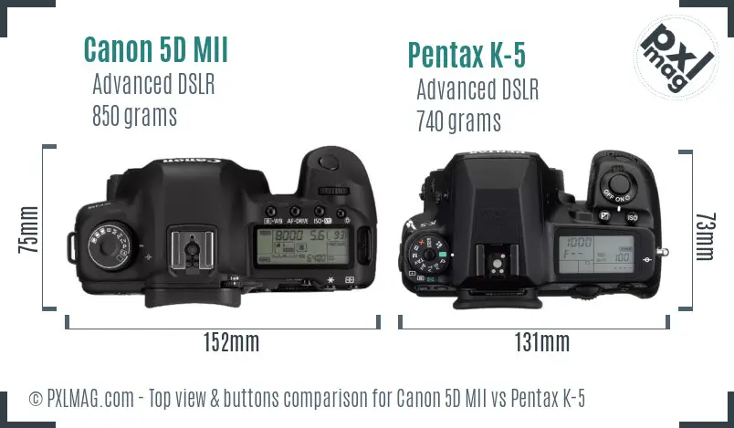 Canon 5D MII vs Pentax K-5 top view buttons comparison