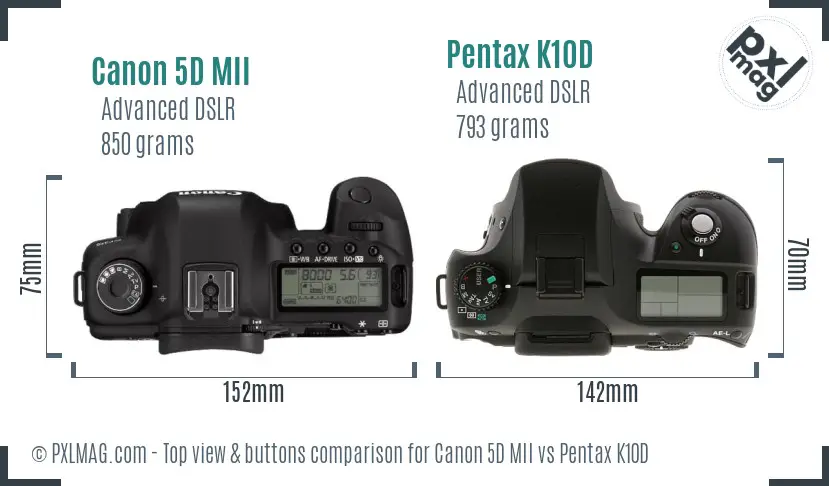 Canon 5D MII vs Pentax K10D top view buttons comparison