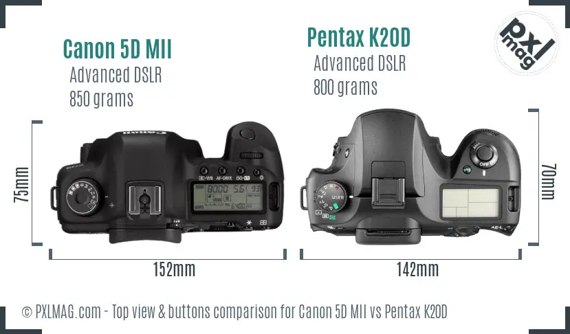 Canon 5D MII vs Pentax K20D top view buttons comparison