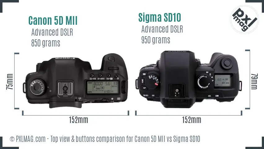 Canon 5D MII vs Sigma SD10 top view buttons comparison