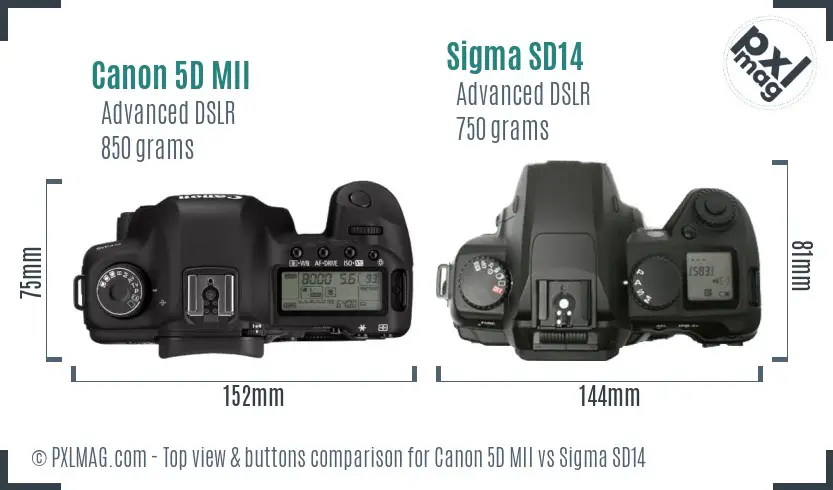 Canon 5D MII vs Sigma SD14 top view buttons comparison